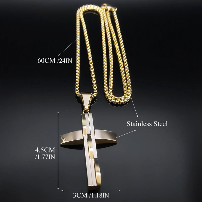 Male Punk Cross Pendant Necklace for Women Men Stainless Steel Gold Color Jesus Chain Biker Boyfriend Gift Jewelry