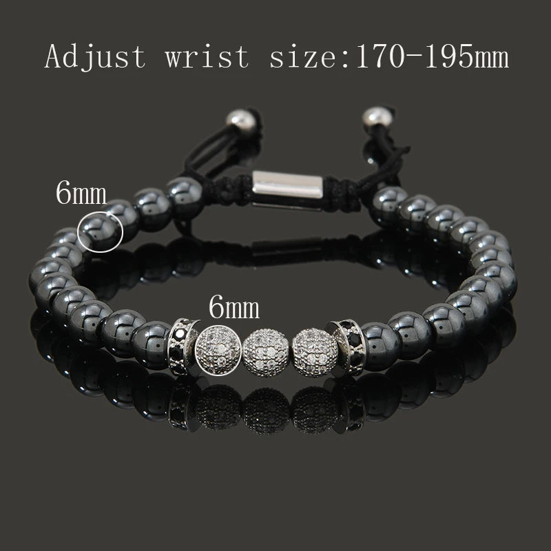 Luxury Natural Hematite Stone Beads CZ Ball Charms Man Bracelet For Women Hand Jewelry Gift For Boy