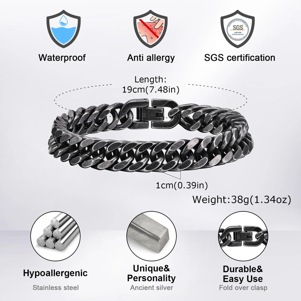 Vintage Men's Chunky Chain Bracelets,8/10/12mm Retro Grey Stainless Steel Cuban Chain Wristband,Rock Punk Classic