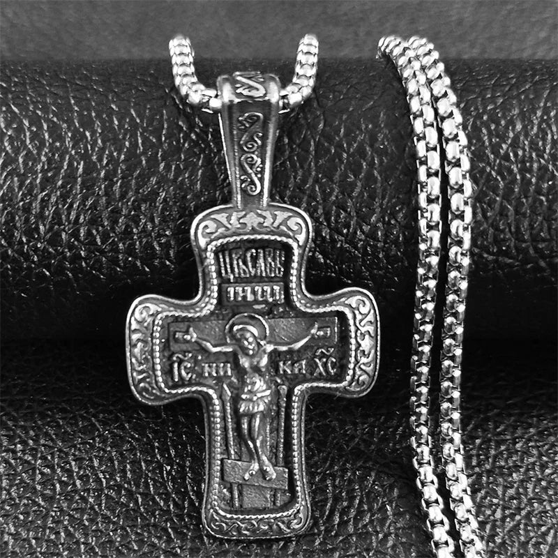 Orthodox Icon Cross Pendant Necklace — Stainless Steel