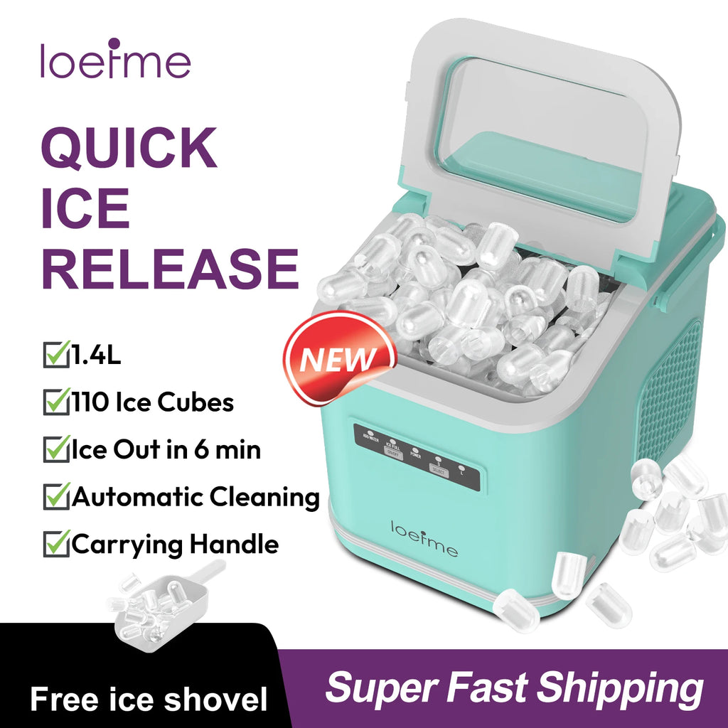 LOEFME 1.4L Ice Maker 12kg/24h Portable Ice Maker 6 Mins 9pcs Ice Cubes Self-Cleaning with Scoop for Home Cafes Camping