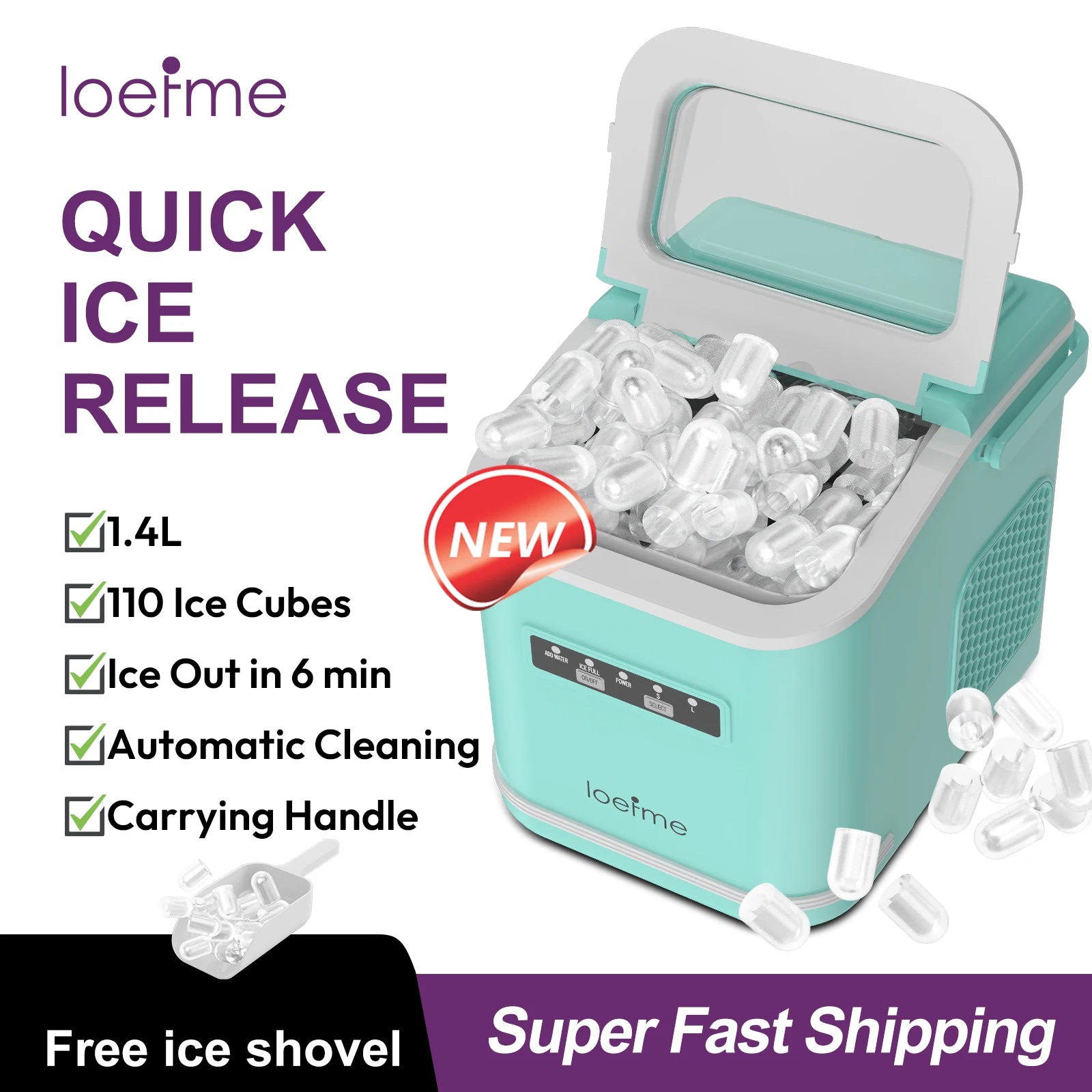 LOEFME 1.4L Ice Maker 12kg/24h Portable Ice Maker 6 Mins 9pcs Ice Cubes Self-Cleaning with Scoop for Home Cafes Camping