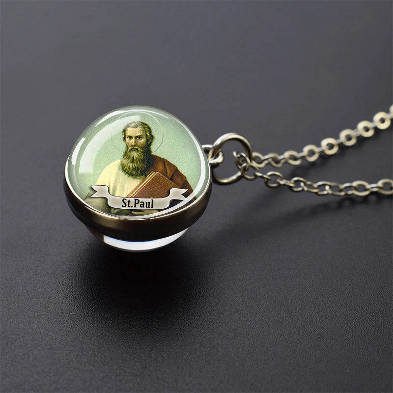 Jesus and Virgin Mary Necklace Saint Michael Jude Anthony Patrick Paul Glass Ball Pendant Religious Jewelry Christian Gift