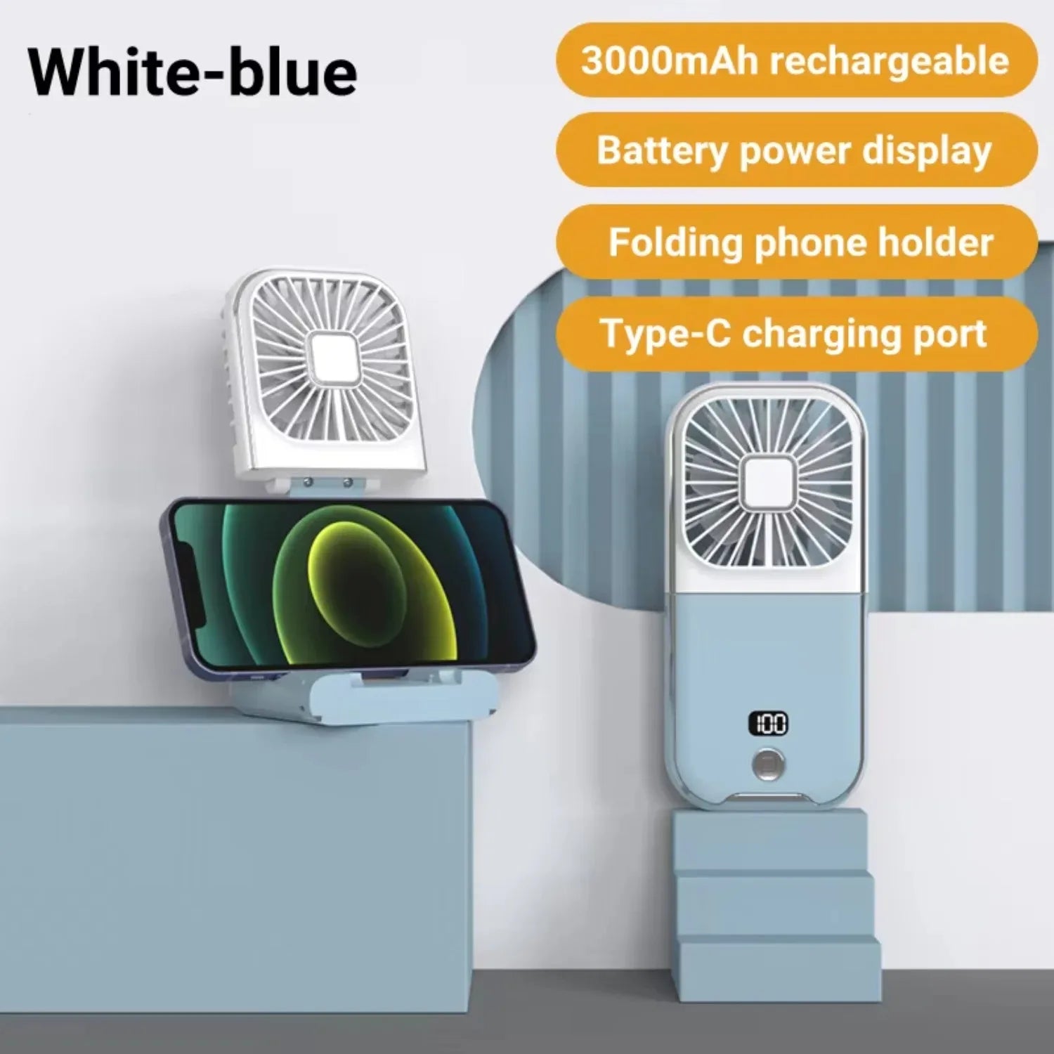 3000mAh battery powered mini outdoor portable USB neck fan rechargeable 180 ° folding wireless desktop fan，gift