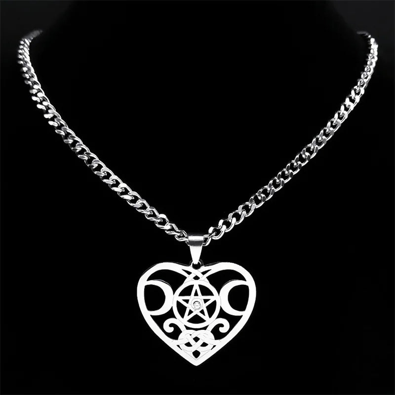 Wicca Heart Pentagram Pendant — Stainless