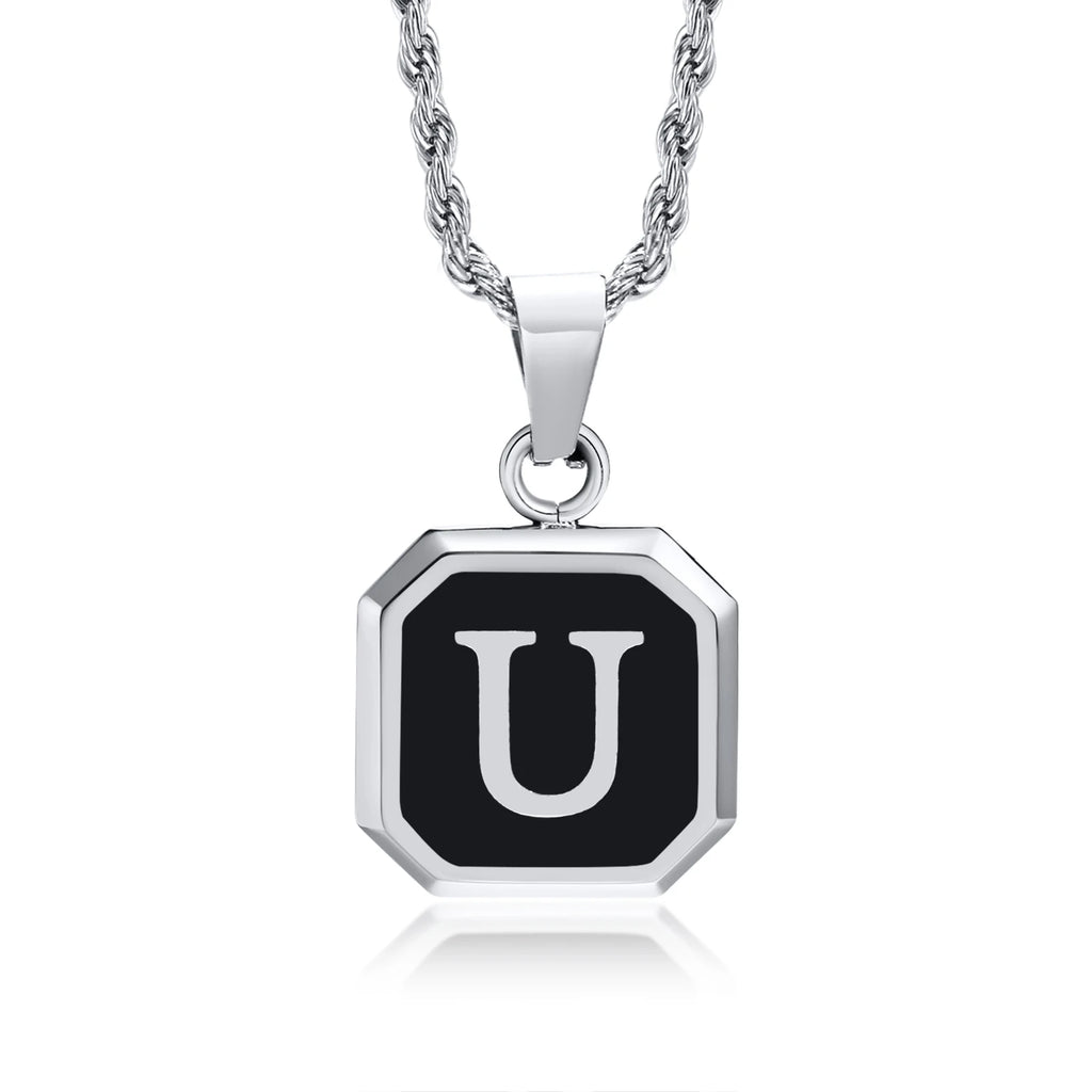 Initials Necklaces for Men Women,A-Z 26 Letters Black Square Stainless Steel Pendant Collar,45-60CM Twisted Rope Chain
