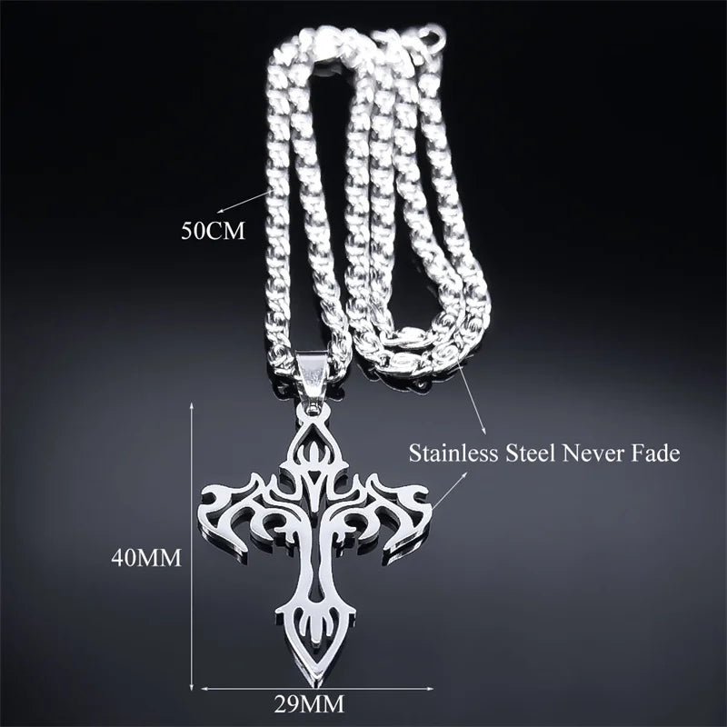 Gothic Cross Silver Pendant Flame Rock Colgante