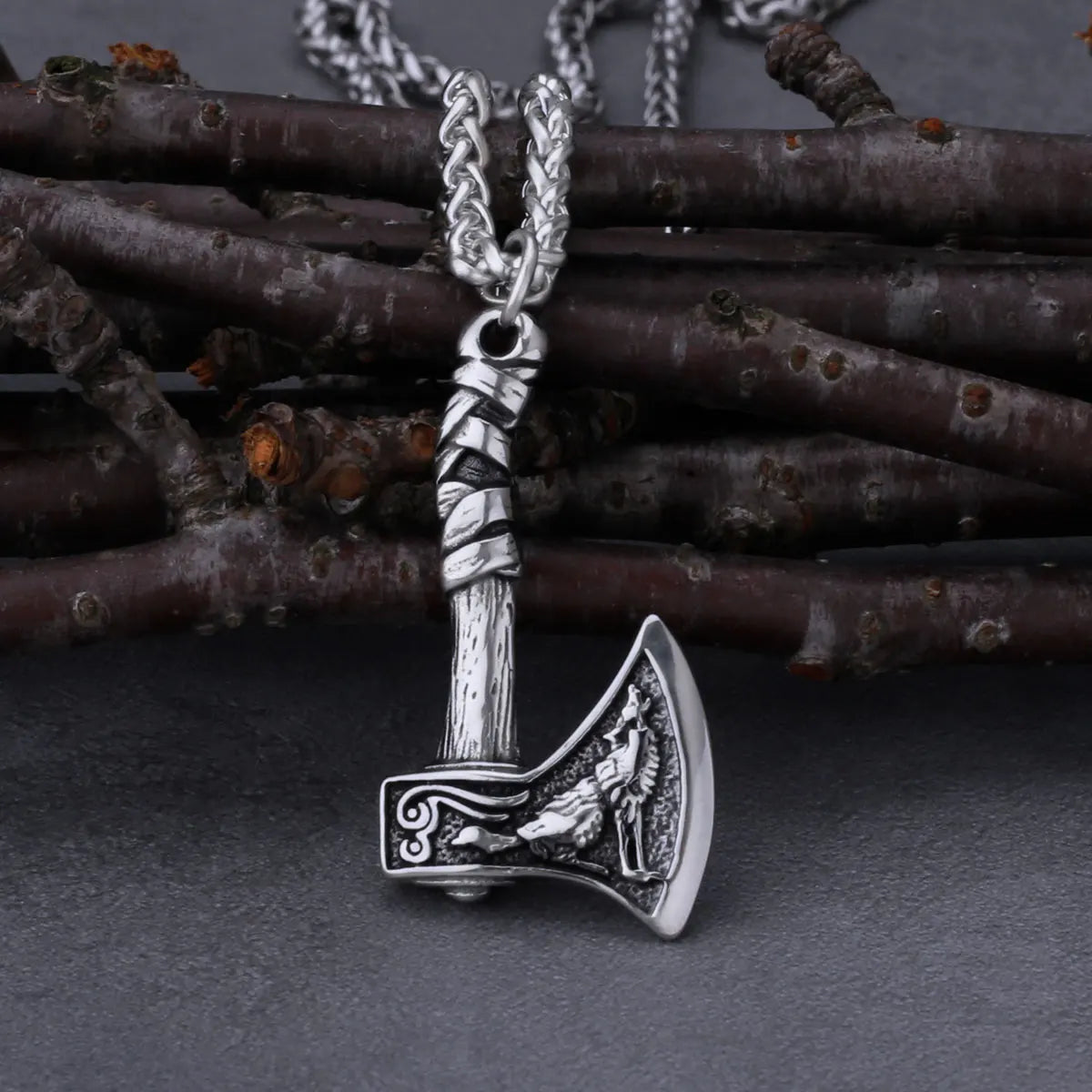 Viking Wolf and Crow Axe Pendant Retro Slavic Odin Amulet Men's Fashion Charm Stainless Steel Pendant Necklace Jewelry