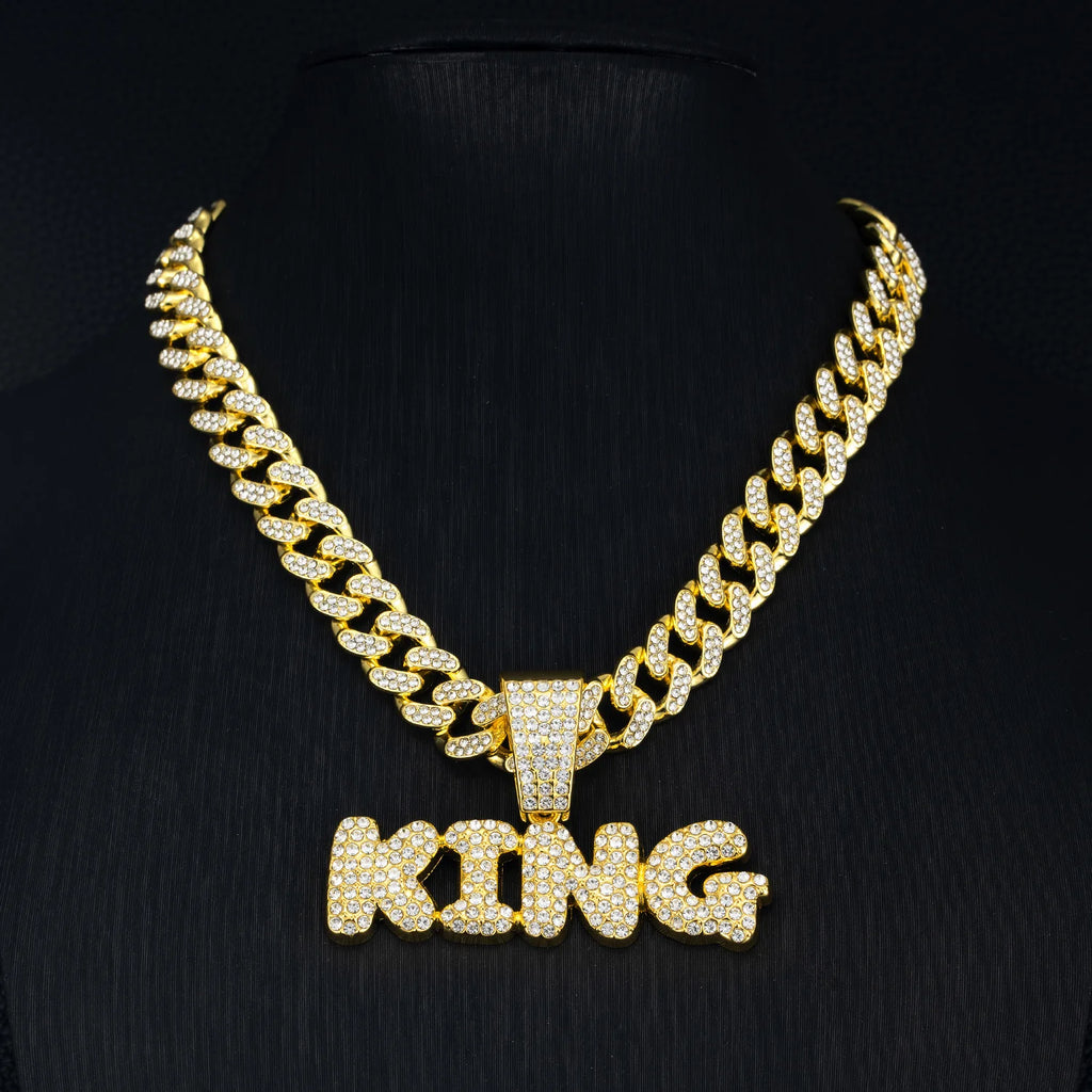 Men Hip Hop Bling KING Letter Pendant Necklace With Miami Cuban Link Chain Full Crystal  Necklaces Men Male Hiphop Charm Jewelry