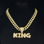 Men Hip Hop Bling KING Letter Pendant Necklace With Miami Cuban Link Chain Full Crystal  Necklaces Men Male Hiphop Charm Jewelry