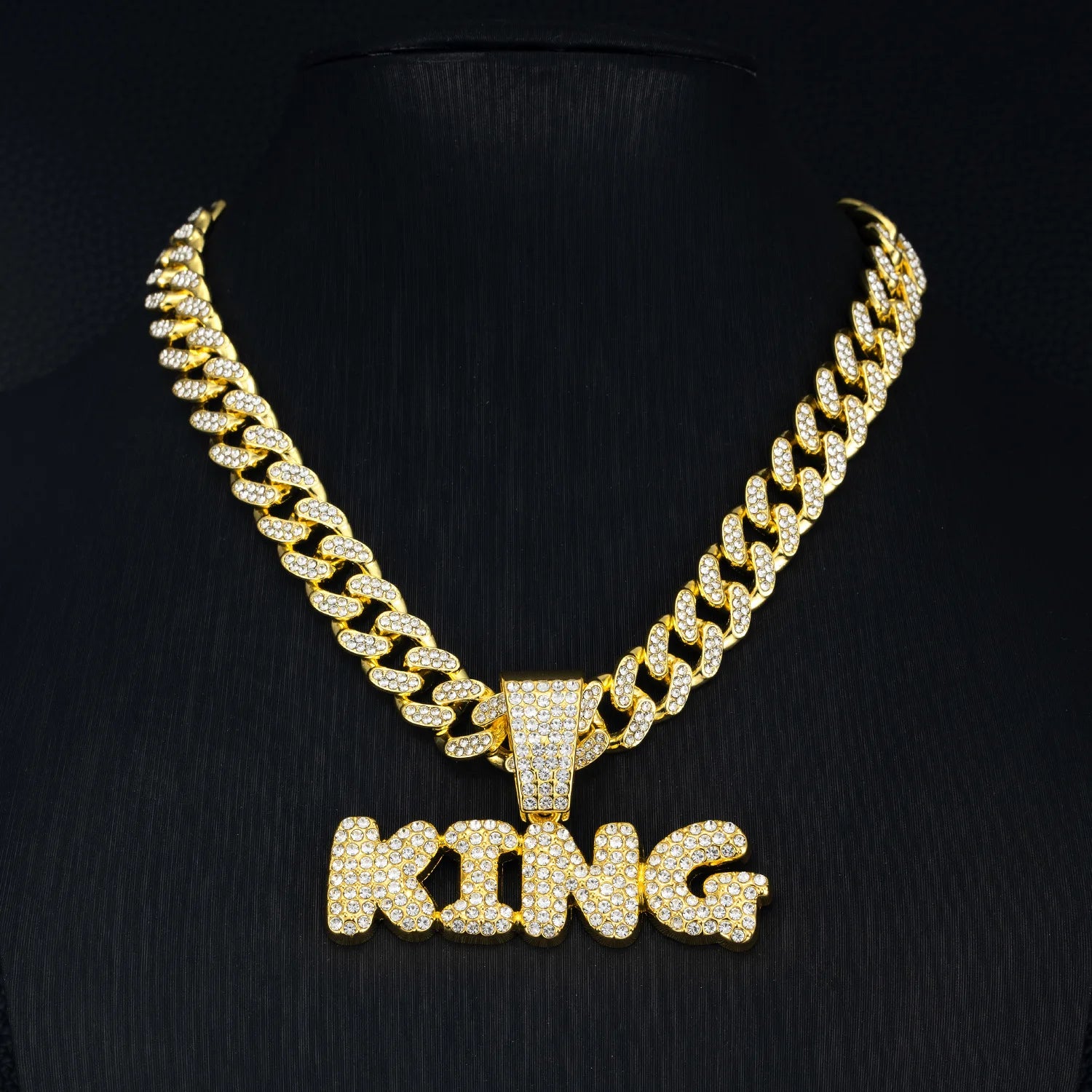 Men Hip Hop Bling KING Letter Pendant Necklace With Miami Cuban Link Chain Full Crystal  Necklaces Men Male Hiphop Charm Jewelry