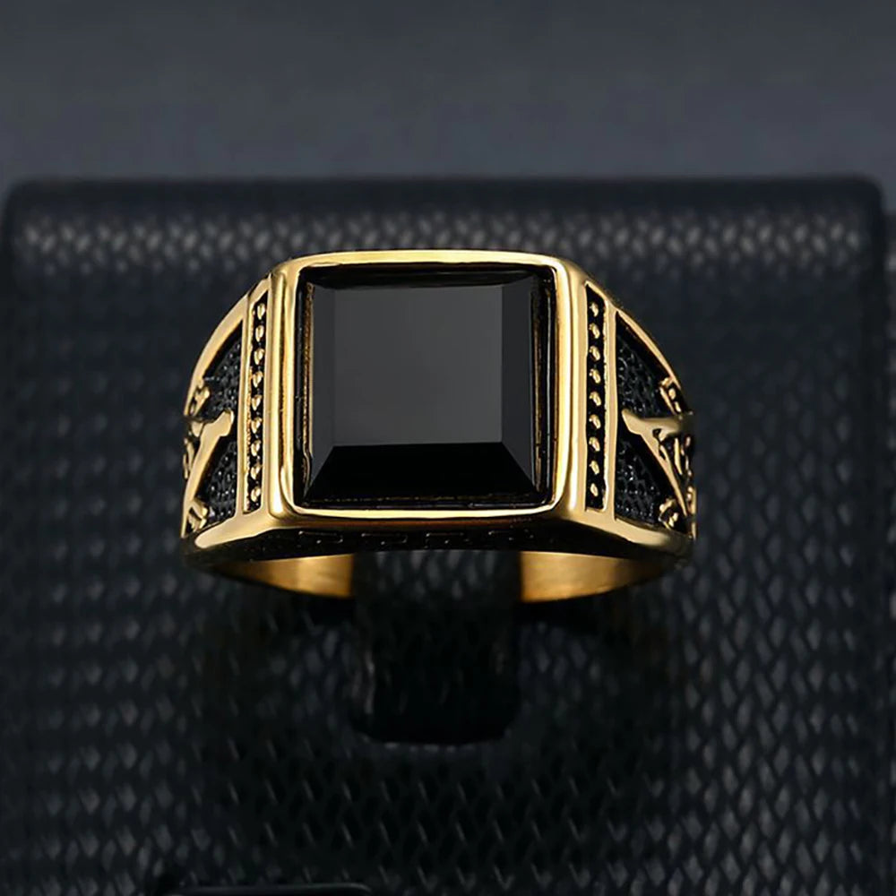Vintage Black Square Rings For Men Women 316L Stainless Steel Gothic Fashion Masonic Letter G Ring Biker Jewelry Accessories