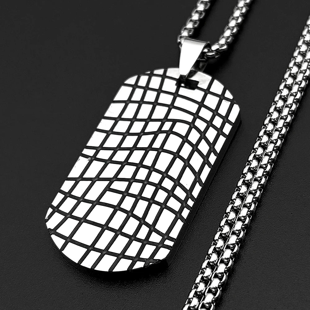 Grid Groove Dog Tag Pendant Necklace For Women Men Hip Hop Stainless Steel Male Punk Street Power Chain Jewelry