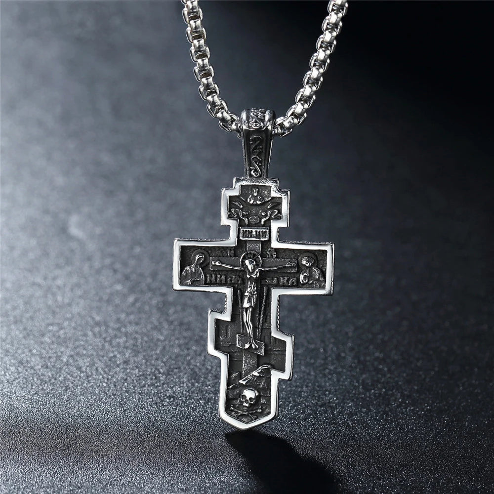 Vintage Stainless Steel Jesus Cross Pendant Necklace Men Biker Amulet Cross Orthodox Chain Necklace Jewelry Gift
