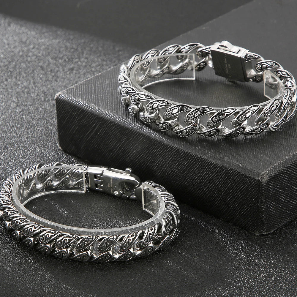 Retro 10 Inches Rose Line Man Bracelet Men Black Onyx Inset Stainless Steel Men's Bracelets Curb Chain Mannen Armband
