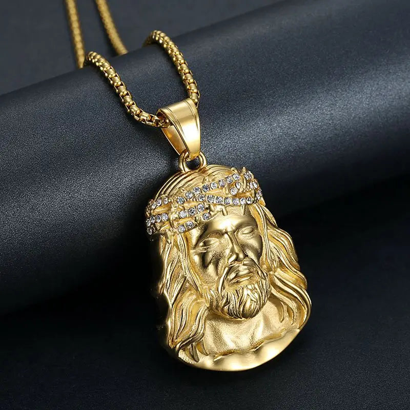 Stainless Steel Titanium Hip Hop God Jesus Human Head Luxury Gold Plated Pendant Collar Chains Necklace for Men Women