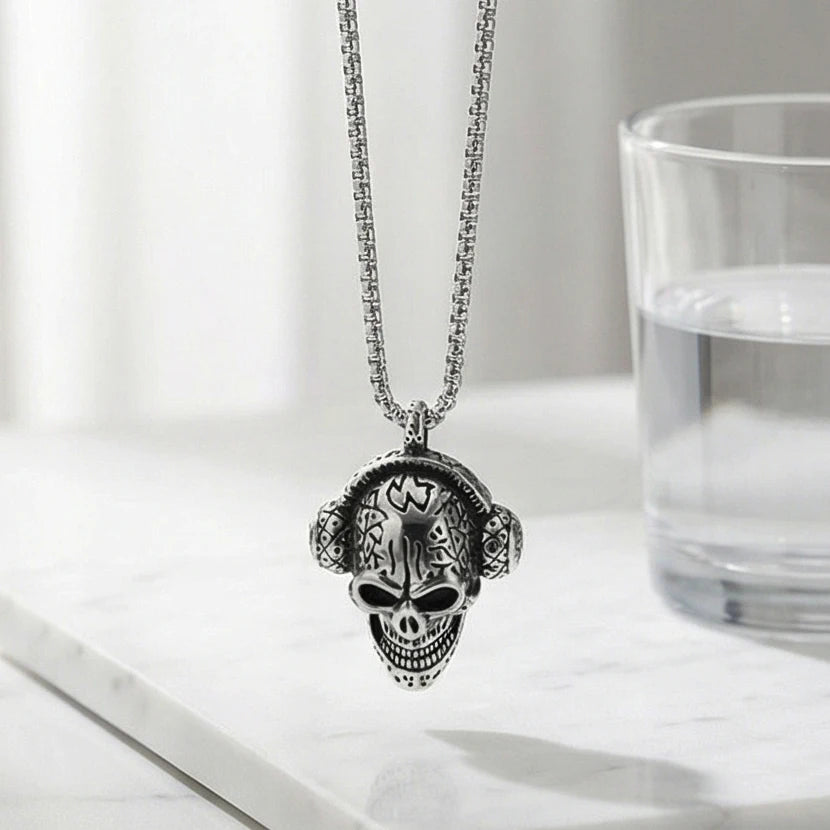 Skull Headphone Pendant Necklace Stainless Steel