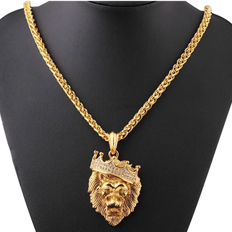 The Lion Head Alloy Men's Necklace Personality Crown Lion Hip Hop Rock Pendant Punk Fashion Jewelry Accessories