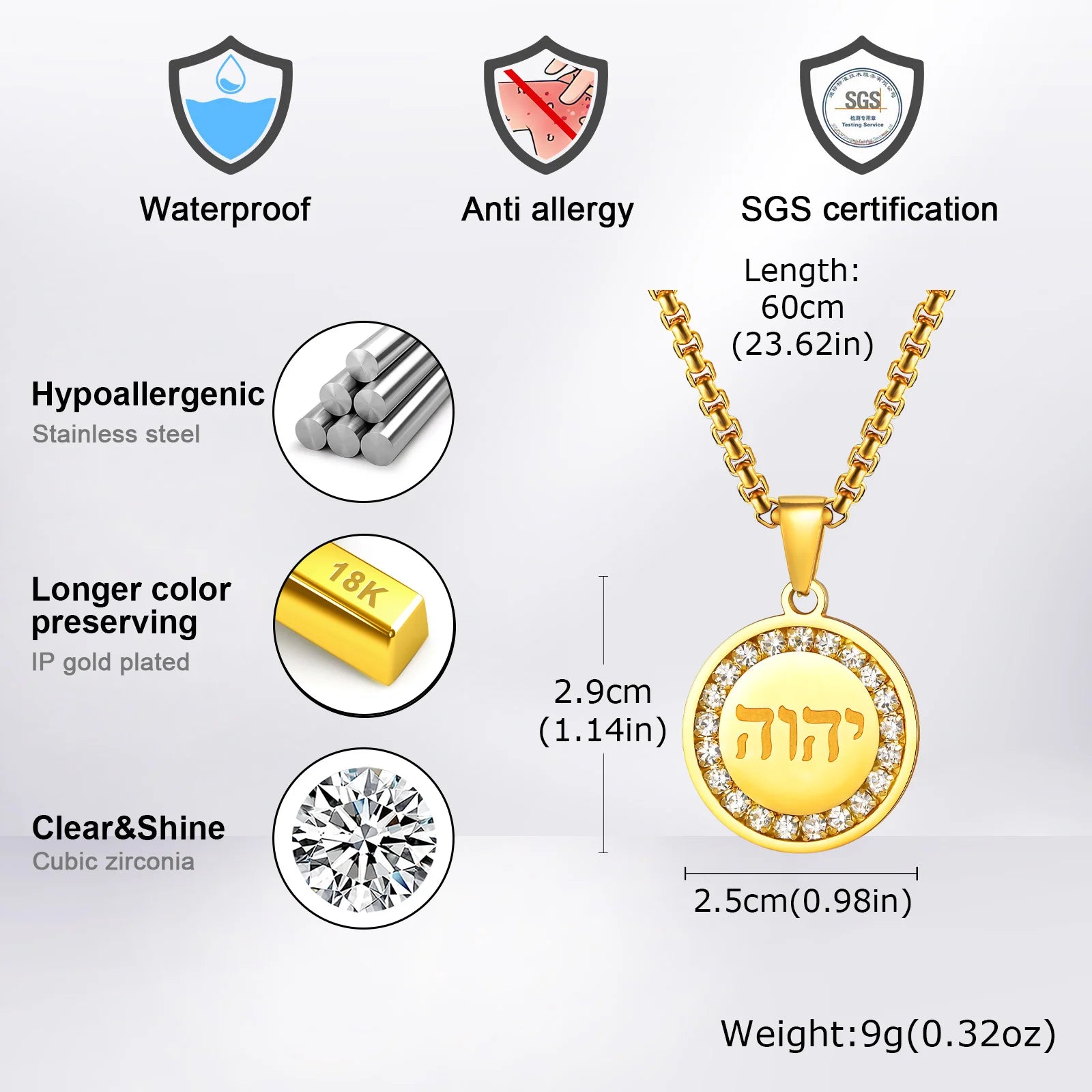 Hebrew Zircon Round Pendant — Stainless