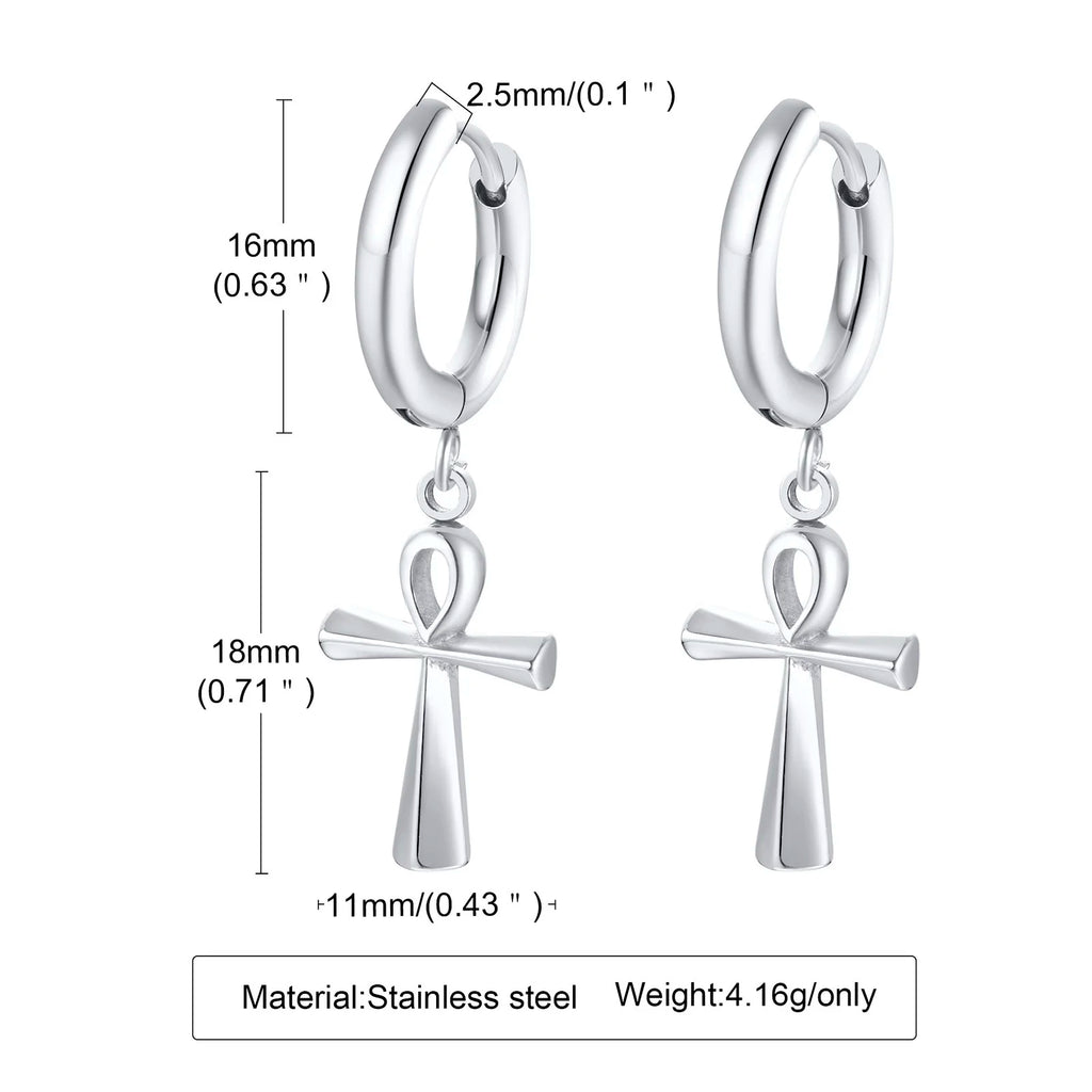 Ankh Cross Huggie Hoop Earrings — Stainless Steel