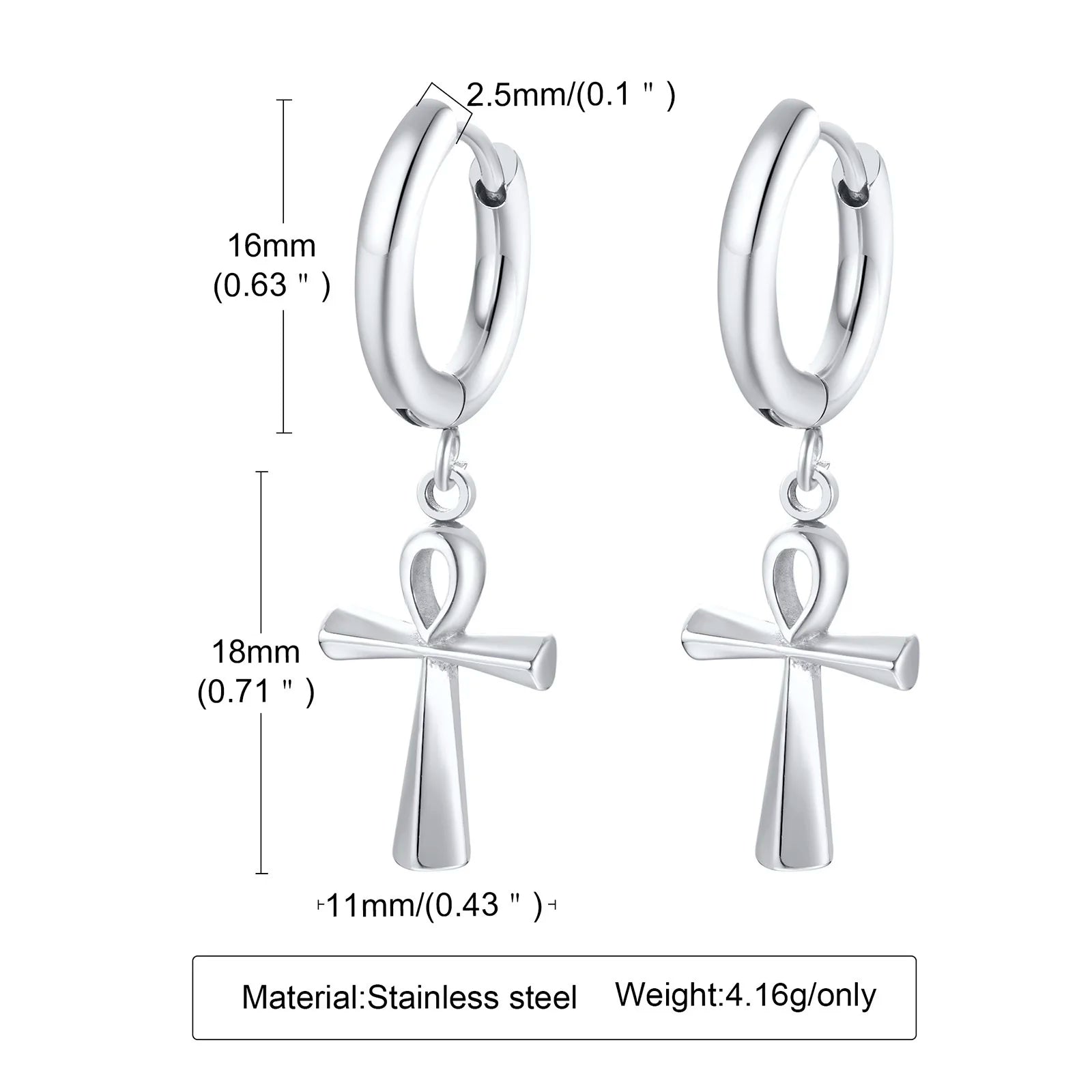 Ankh Cross Huggie Hoop Earrings — Stainless Steel