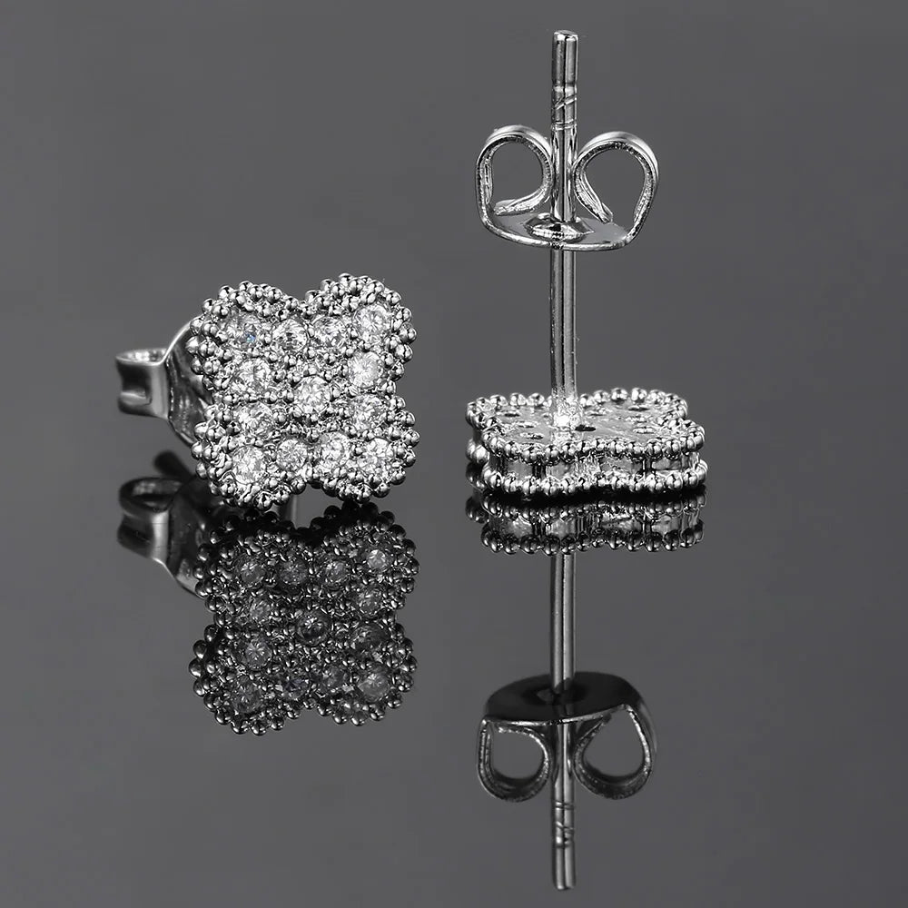 Silver Iced Out Four Leaf Clover Stud Earrings
