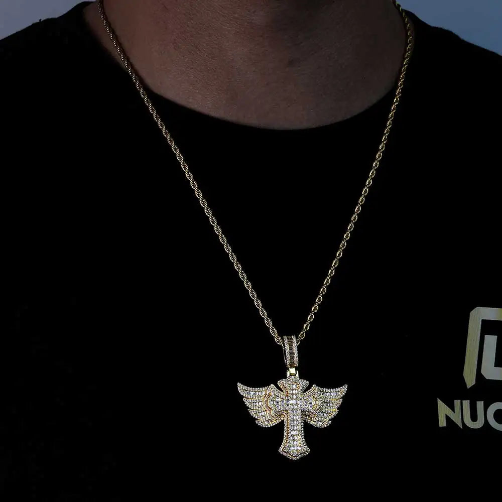 Cross Angel Wings Pendant Necklace Iced Out