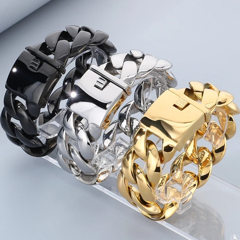 Chunky Men Bracelet for Man Polished Stainless Steel 29MM Curb Cuban Link Chain Men's Braceletes Wristband Jewelry