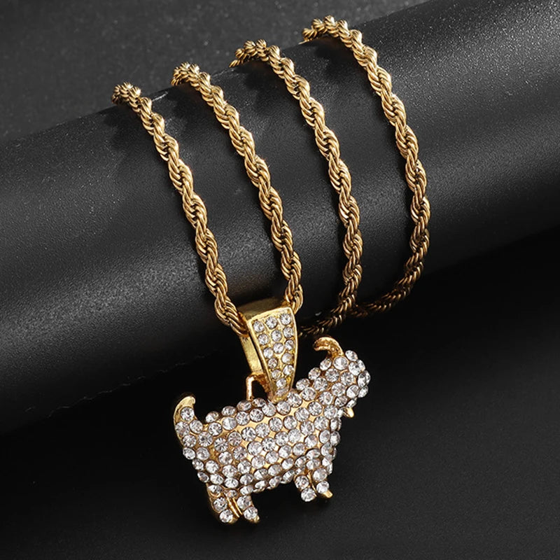 Gold Iced Out Goat Pendant Rope Chain Necklace