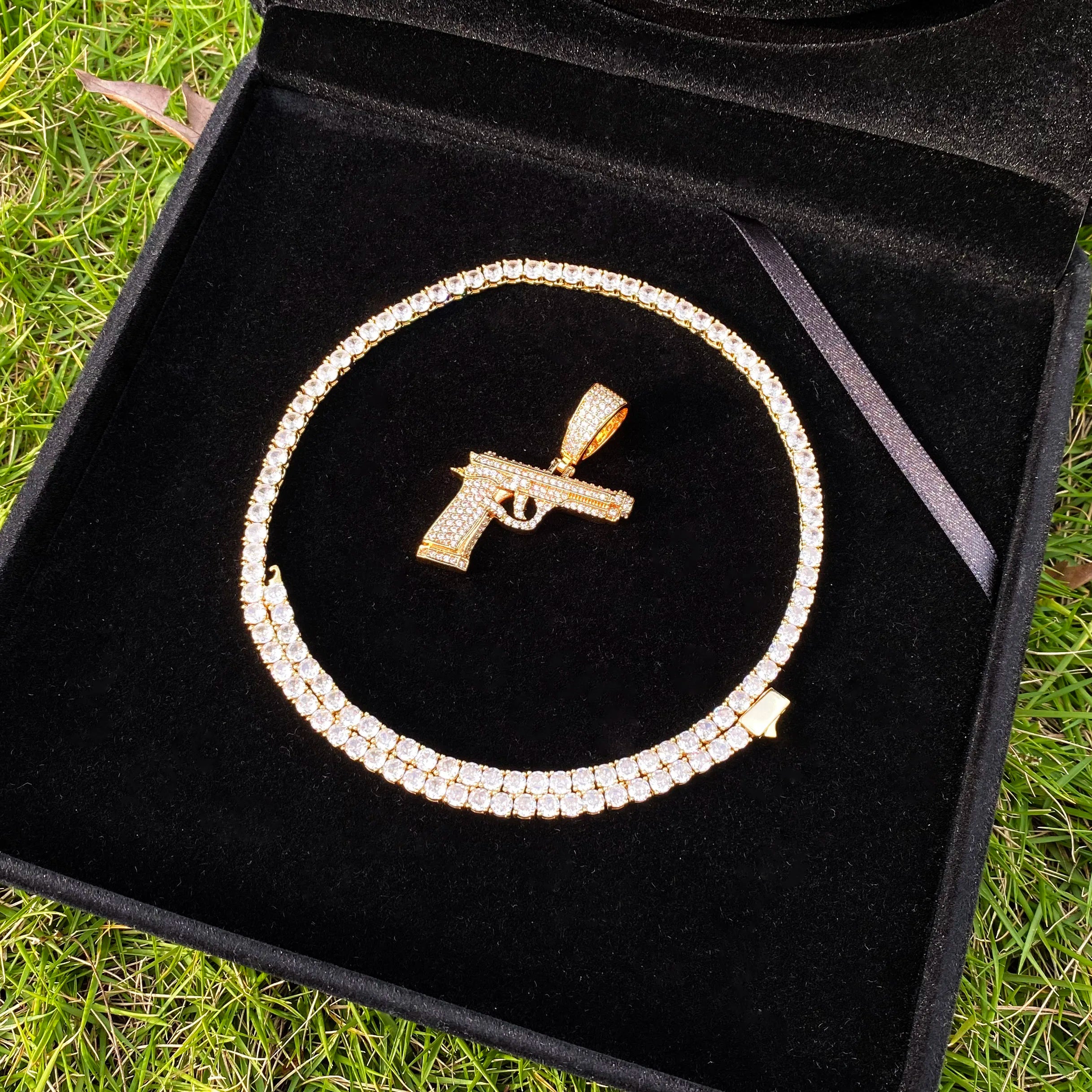 Aokaishen Iced Out Gun Necklace Pendant for Men Street Culture Prong Setting Charm Cubic Zirconia Hip Hop Jewelry
