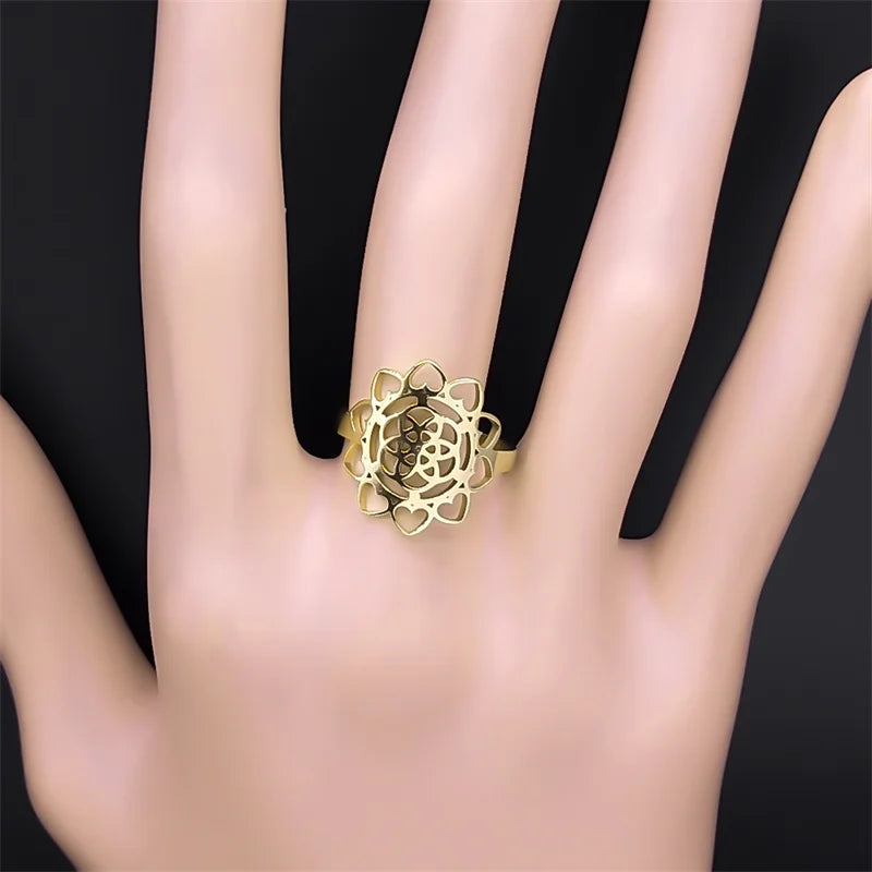Heart Gold Ring Sacred Geometry Metatron Flower