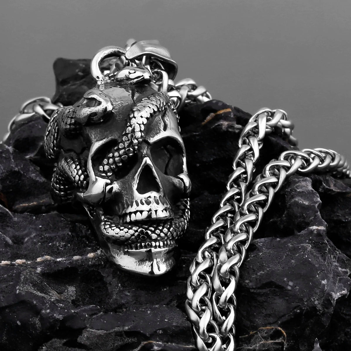 Snake Skull Pendant Necklace — Black Stainless Steel