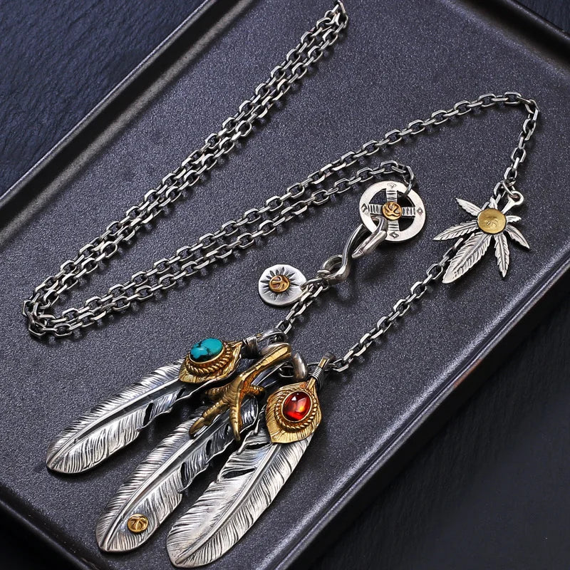 HX Silver Color Taiko Chain Set Chain Style Turquoise Feather Necklace Women's Sweater Chain Fashion Jewelry Accessories