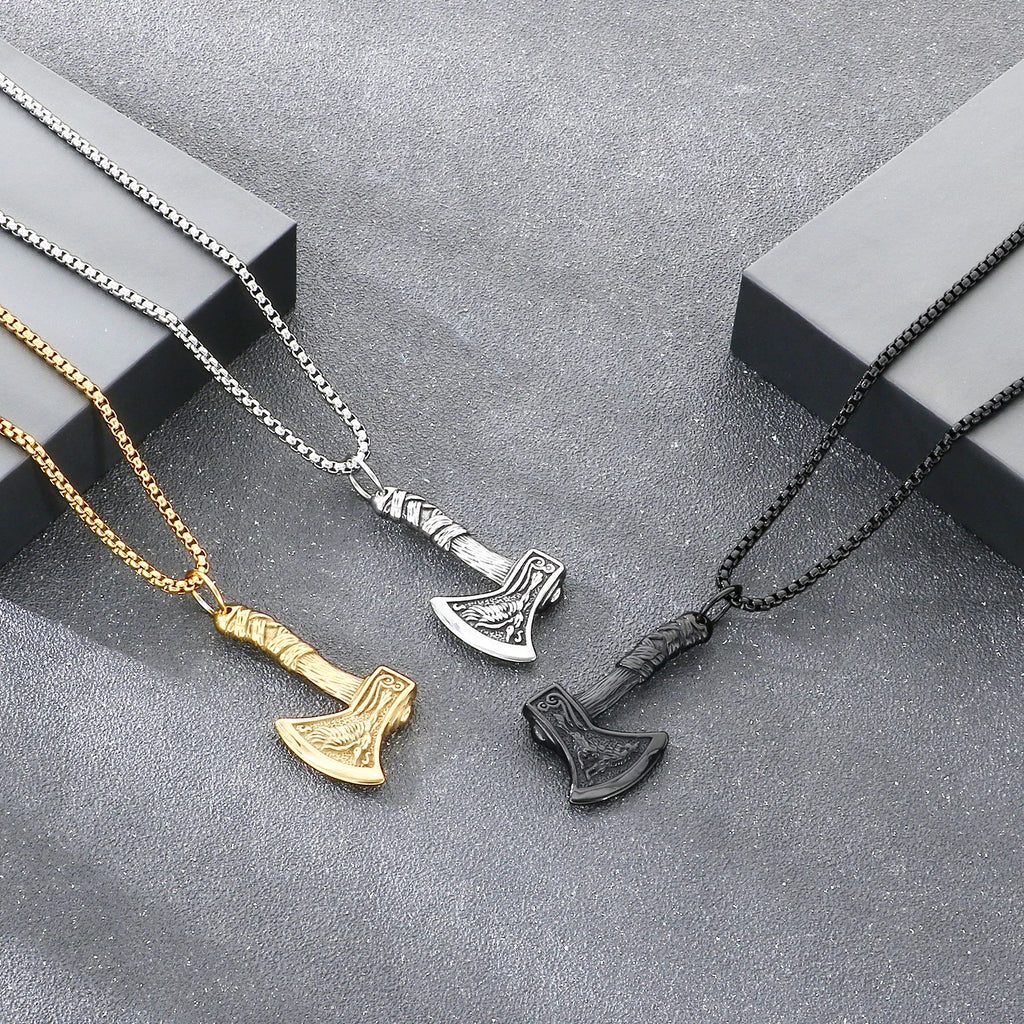 KALEN Stainless Steel 304 Nordic Viking Thor Hammer and Axe Crow Totem Pendant Necklace For Men - KP117768-LU