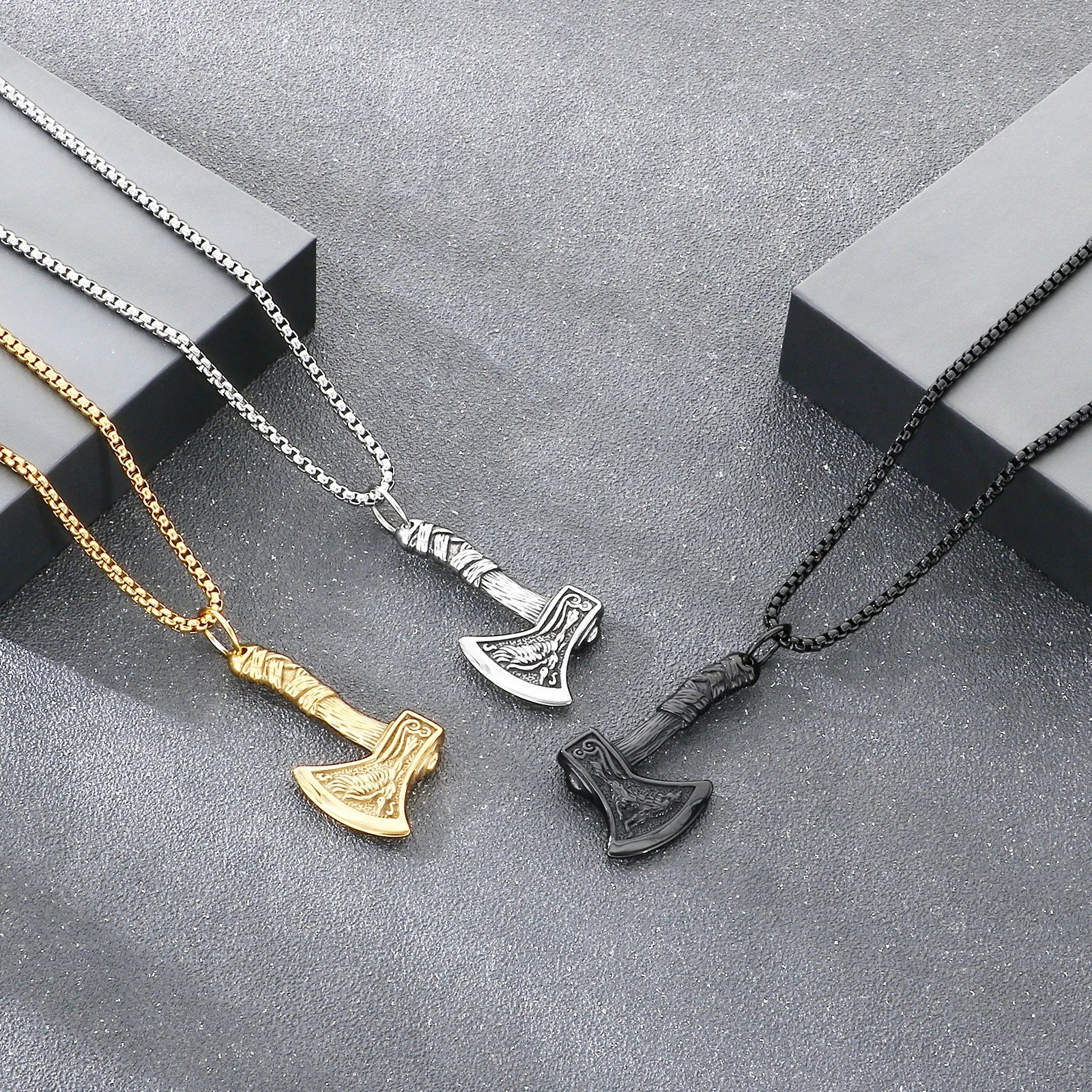 KALEN Stainless Steel 304 Nordic Viking Thor Hammer and Axe Crow Totem Pendant Necklace For Men - KP117768-LU