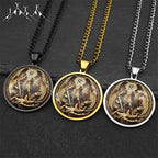 SAINT MICHAEL PROTECT US Archangel Stainless Steel Round Glass Medal Pendant Necklace for Women Men Gold Color Chain