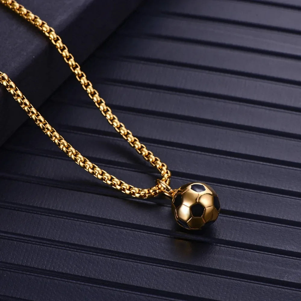 Football Pendant Box Chain Necklace — Stainless Steel