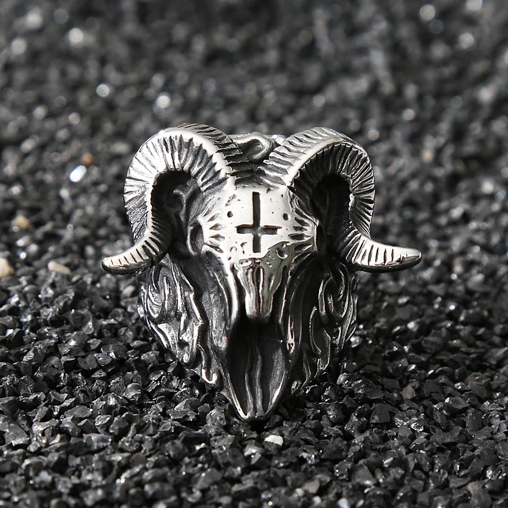 Gothic Lucifer Sheep Head Skull Cross Ring — Stainless Steel