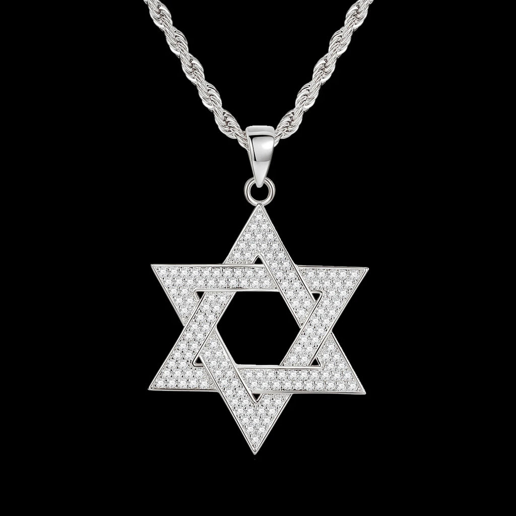 Iced Out Hexagram Pendant Necklace Stainless Steel