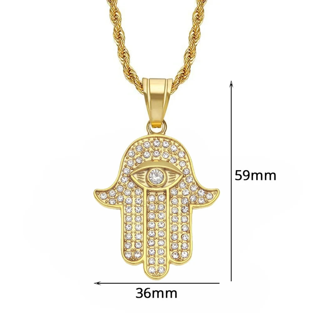 Hamsa Hand of Fatima Necklace Pendant & Chain For Men Women's Gold Color Stainless Steel Palm Necklaces Turkish Jewelry