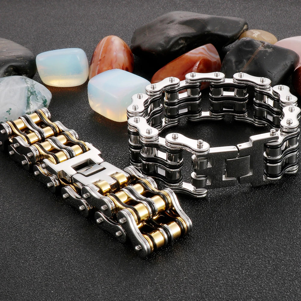 Punk Rocker Bikers' Bracelet for Man 24MM Width Stainless Steel Bicycle Link Chain Men's Bracelets Wristband Jewelry