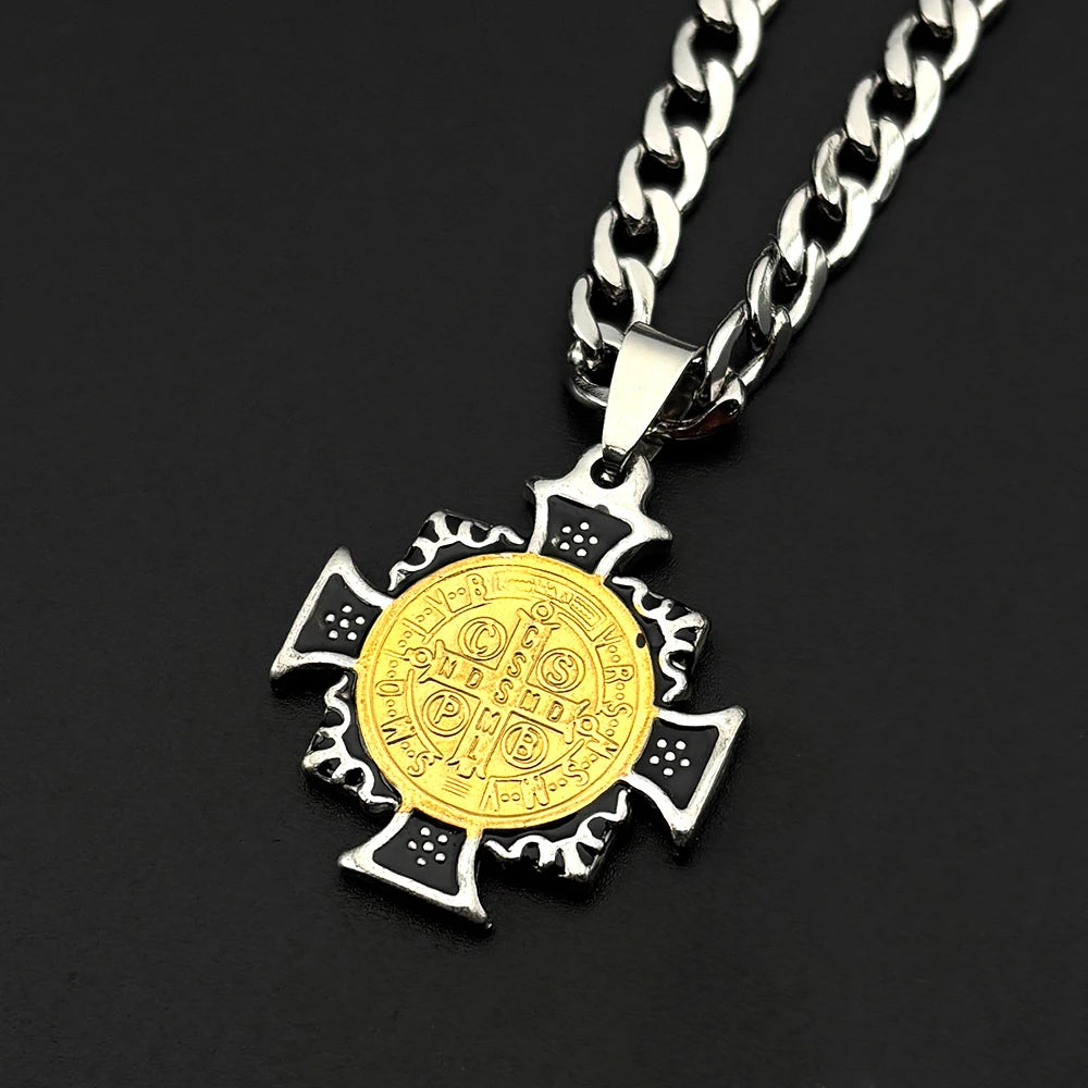 Catholic Saint Benedict Cross Pendant Necklace for Men Stainless Steel Gold Silver Color Chain Enamel Jewelry Gift San Benito
