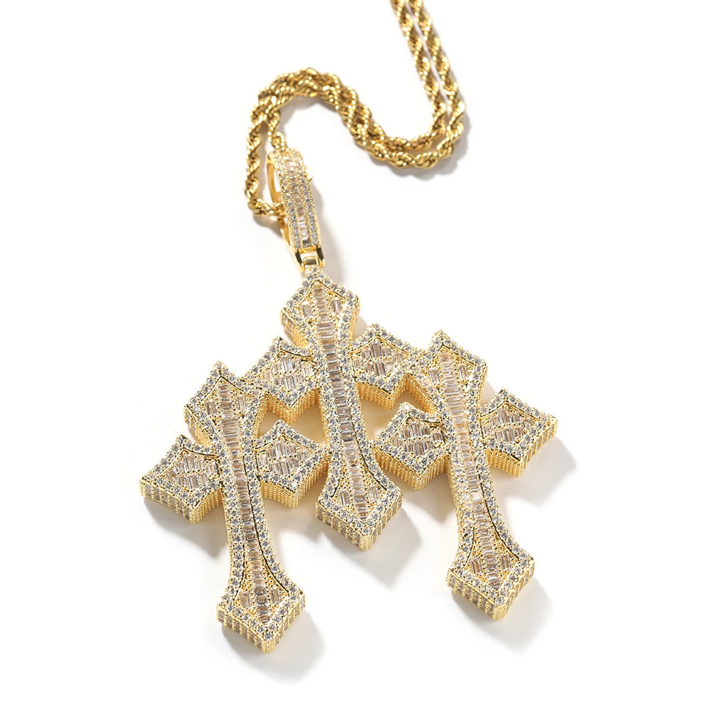 THE BLING KING 3pcs Cross Set Pendant Necklace Iced Out Baguettecz Cubic Zirconia Link Chain Luxury Hiphop Jewelry For
