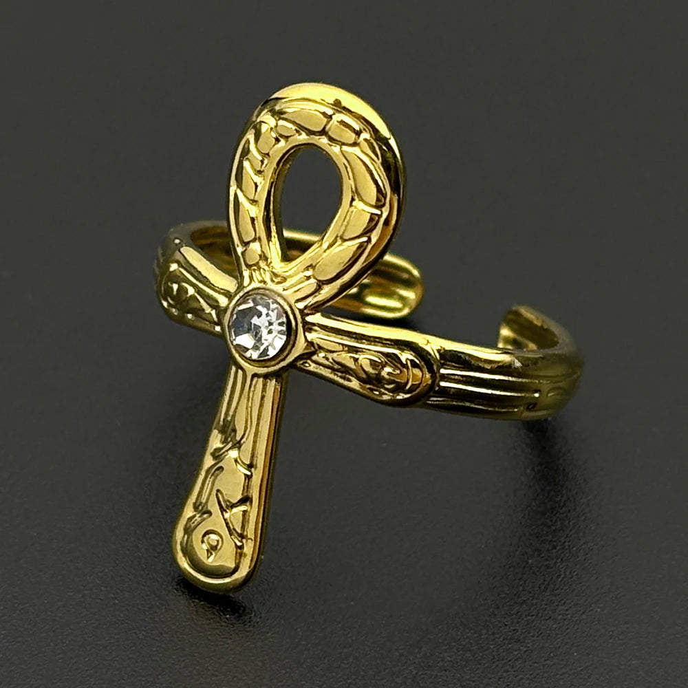 Egyptian Ankh Cross Key Of Life Adjustable Open Rings for Women Men Stainless Steel Rune Finger Ring Rhinestone Amulet
