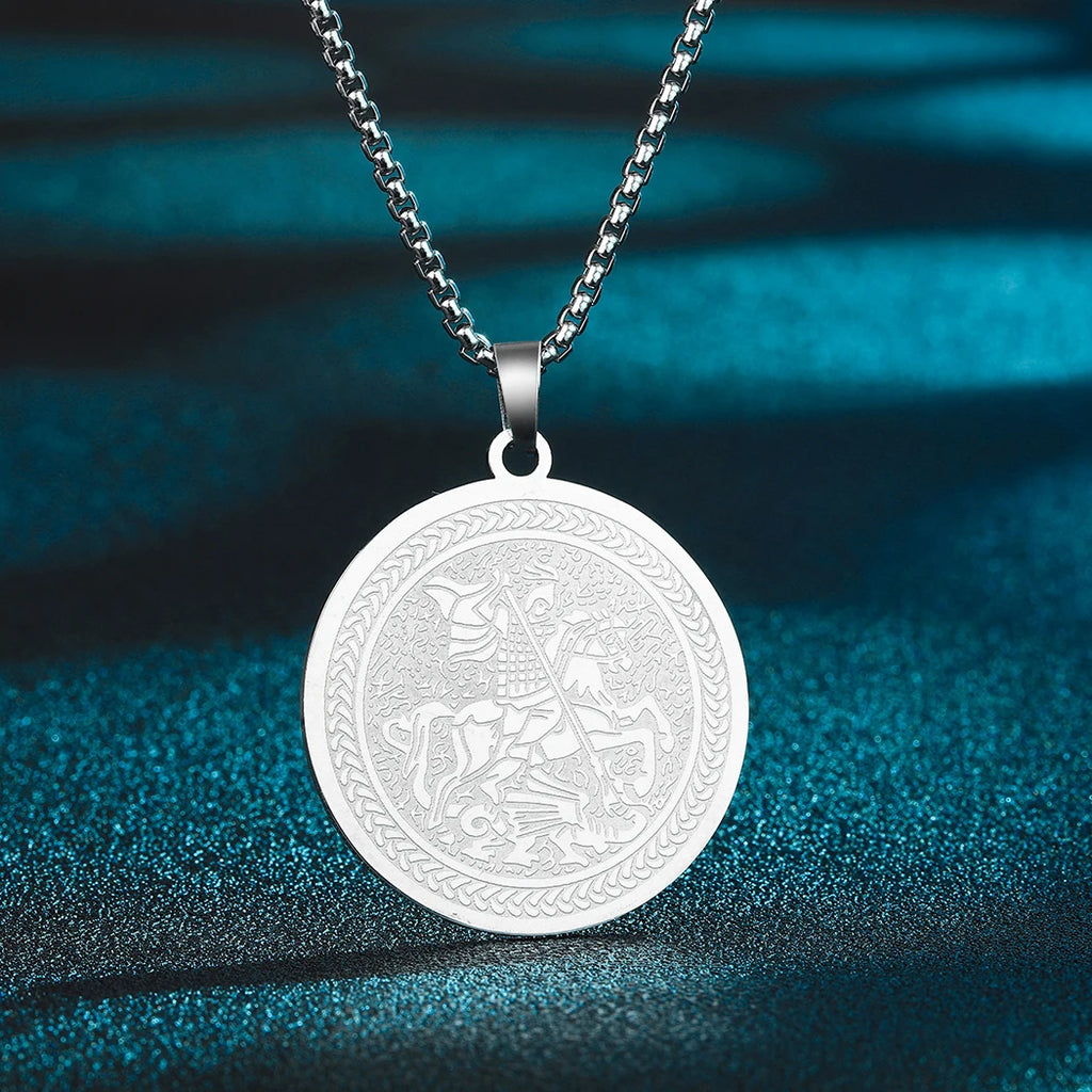 QIMING Dainty Saint George Pendant Necklace For Men Stainless Steel Warrior St. George's Dragon Medallion Mythology