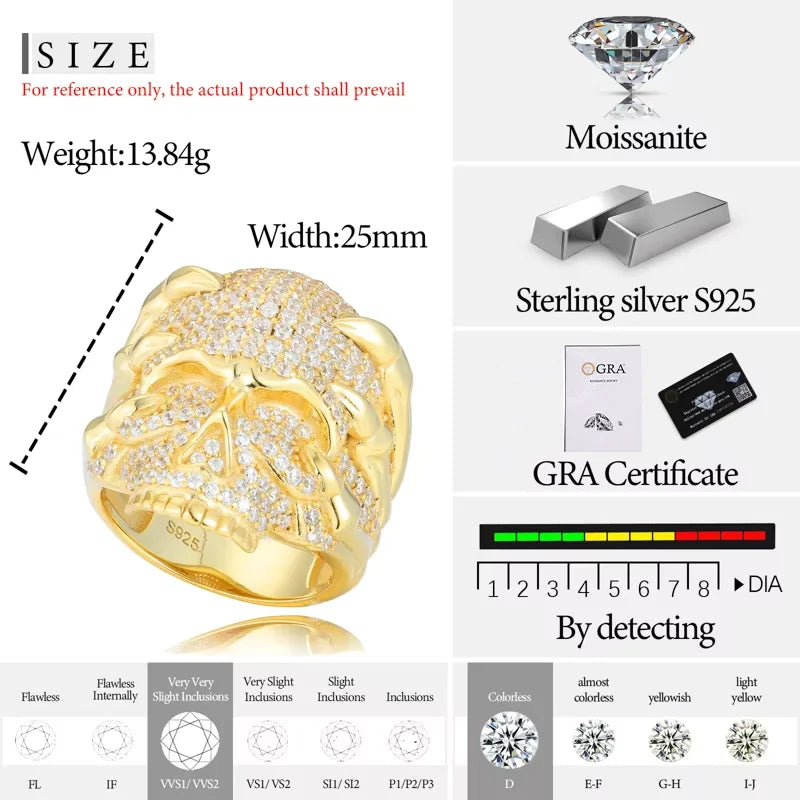 TUHE Unisex New Skull Rings for Men S925 Silver Moissanite Ring Man Hip Hop Jewelry Fashion Rock Punk Halloween Party Gift
