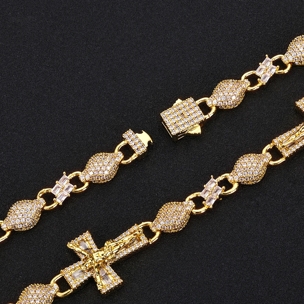 Two-Tone Cross Cuban Bracelet Iced Out Baguette
