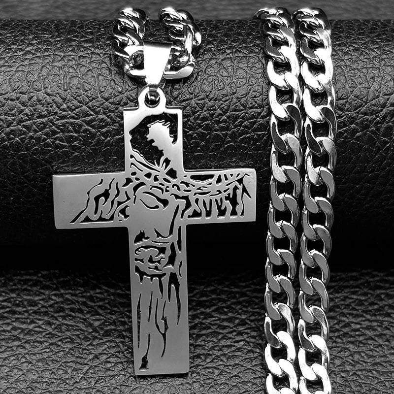 Hip Hop Punk Crown of Thorns Jesus Cross Necklace for Men Stainless Steel Gold Plated Crucifix Pendant Necklaces