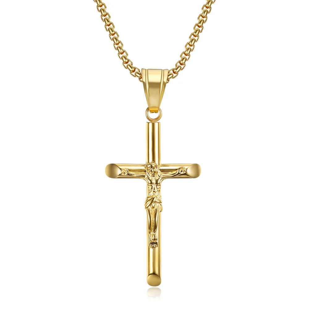 Jesus Cross Pendant Collar Chain Necklace — Stainless Steel