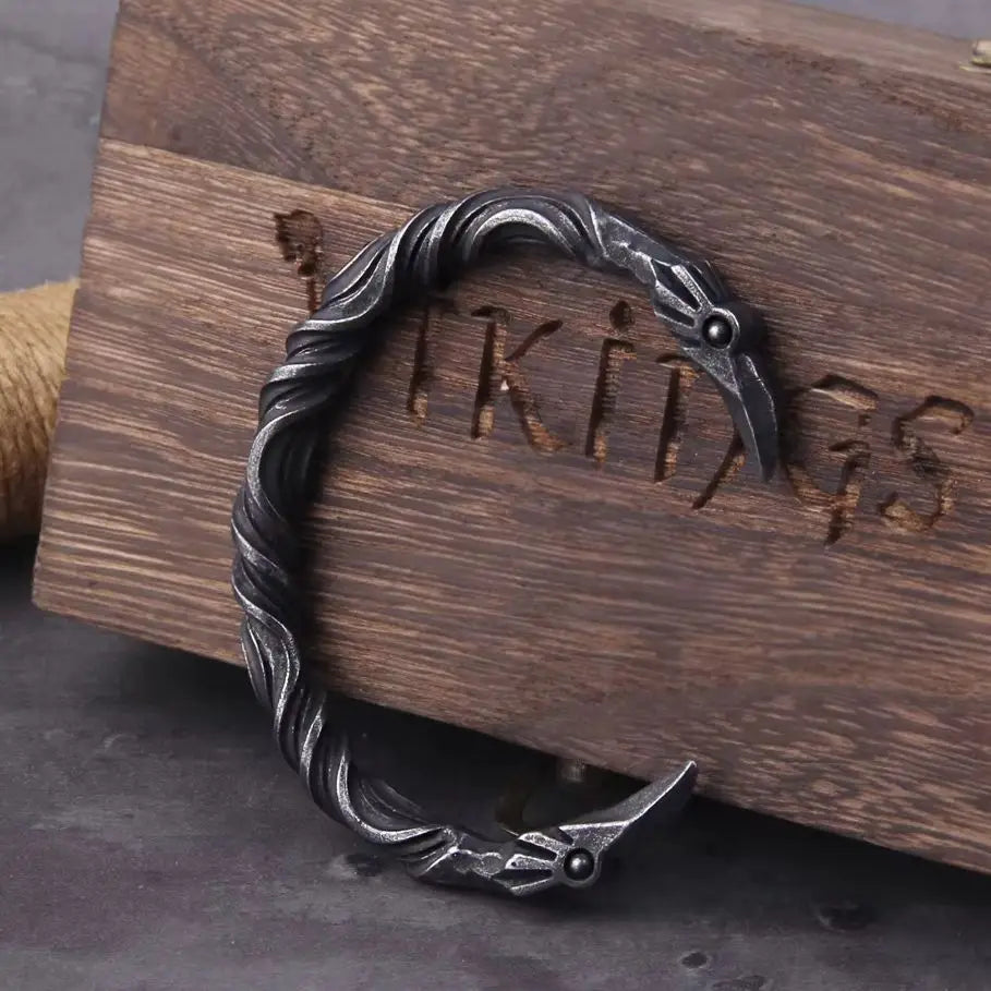 Viking Odin’s Ravens Head Bracelet Stainless Steel Twisted Open Cuff Norse Mythology Amulet Wristband for Men with wood box